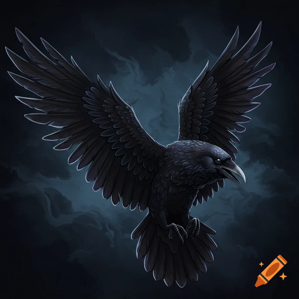 A black raven flies with wings spread against a dark, cloudy sky.