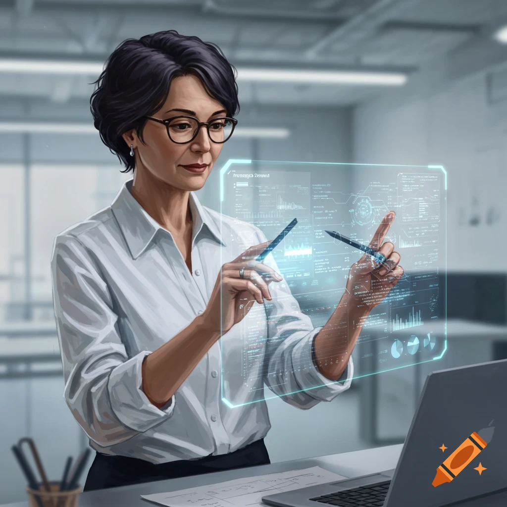 A woman in an office is interacting with a holographic data screen.