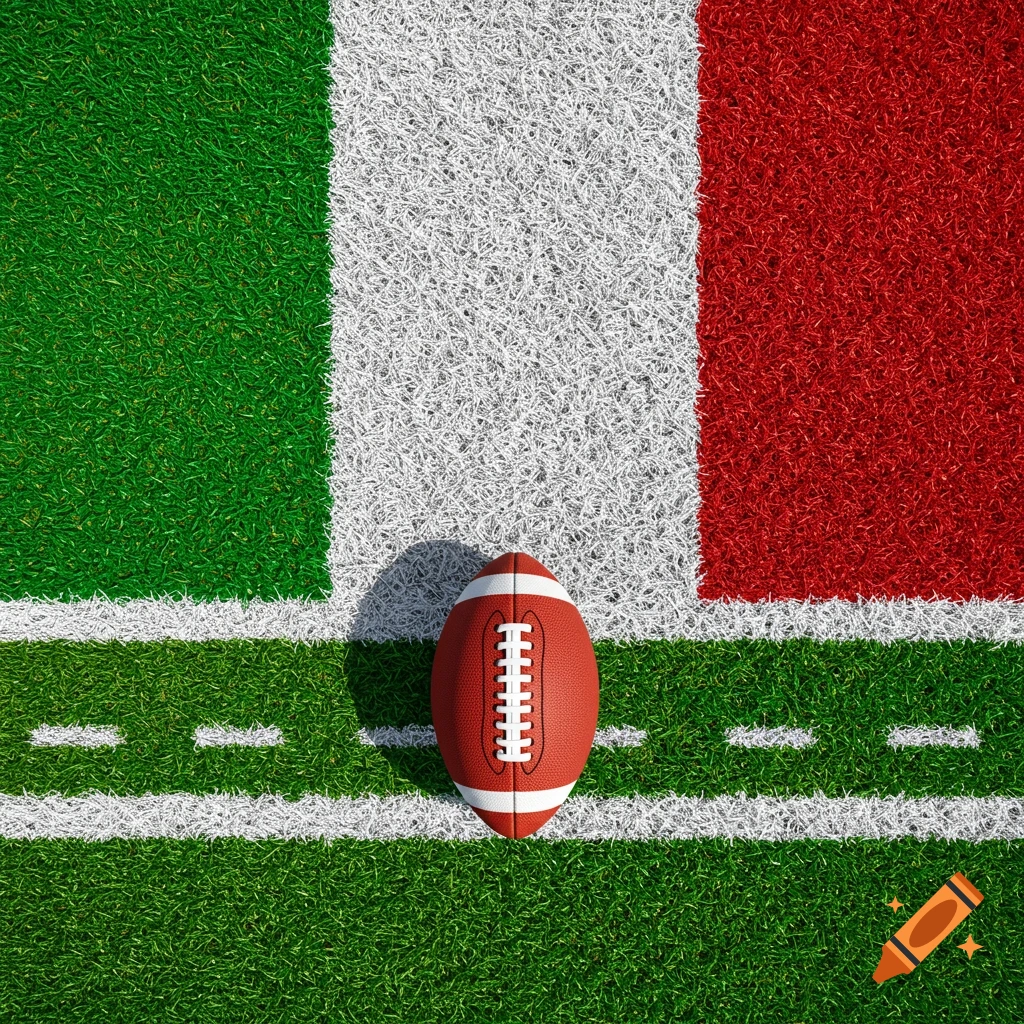 An American football on a field with the Italian flag colors behind it
