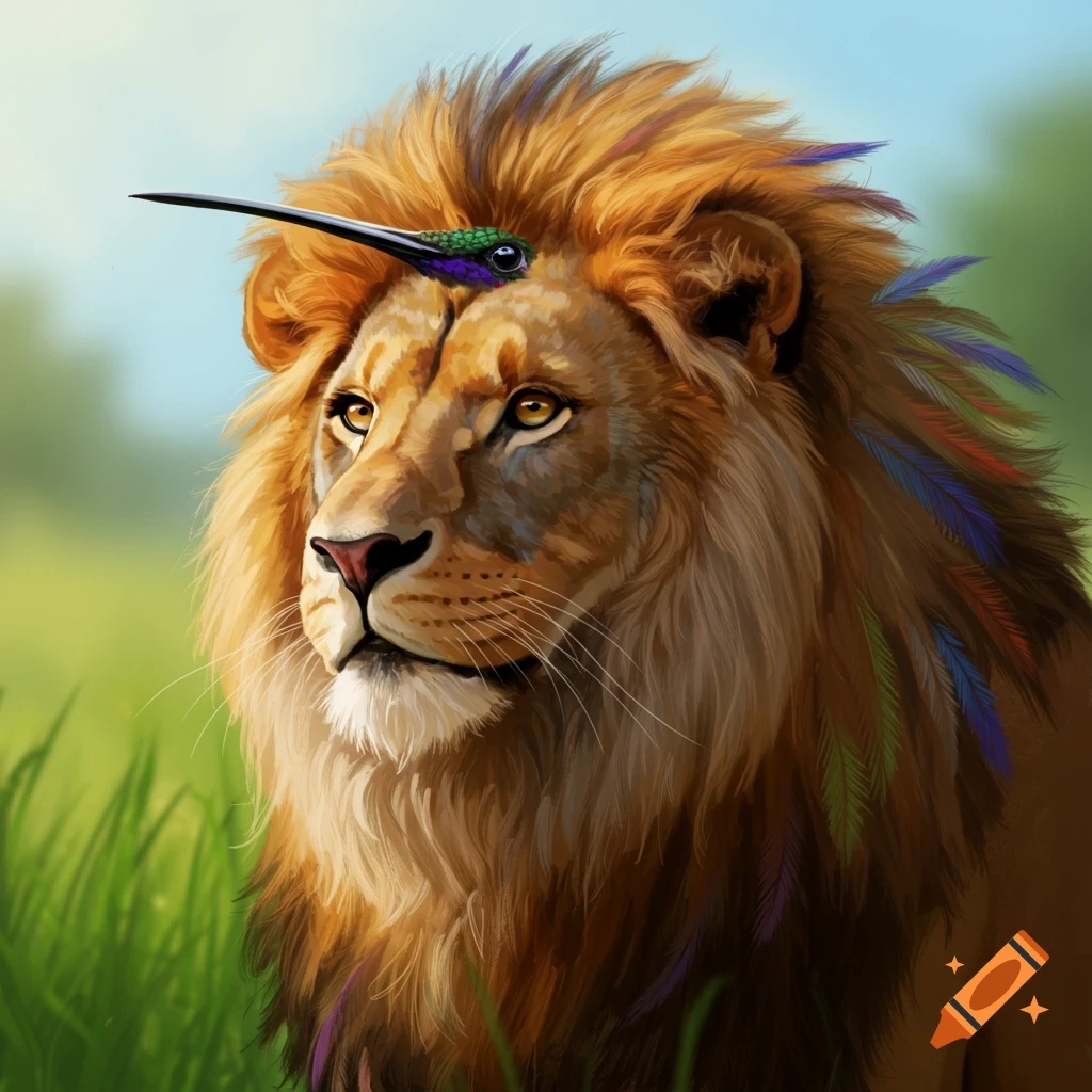 A lion with a hummingbird head on its forehead and colorful feathers in its mane.