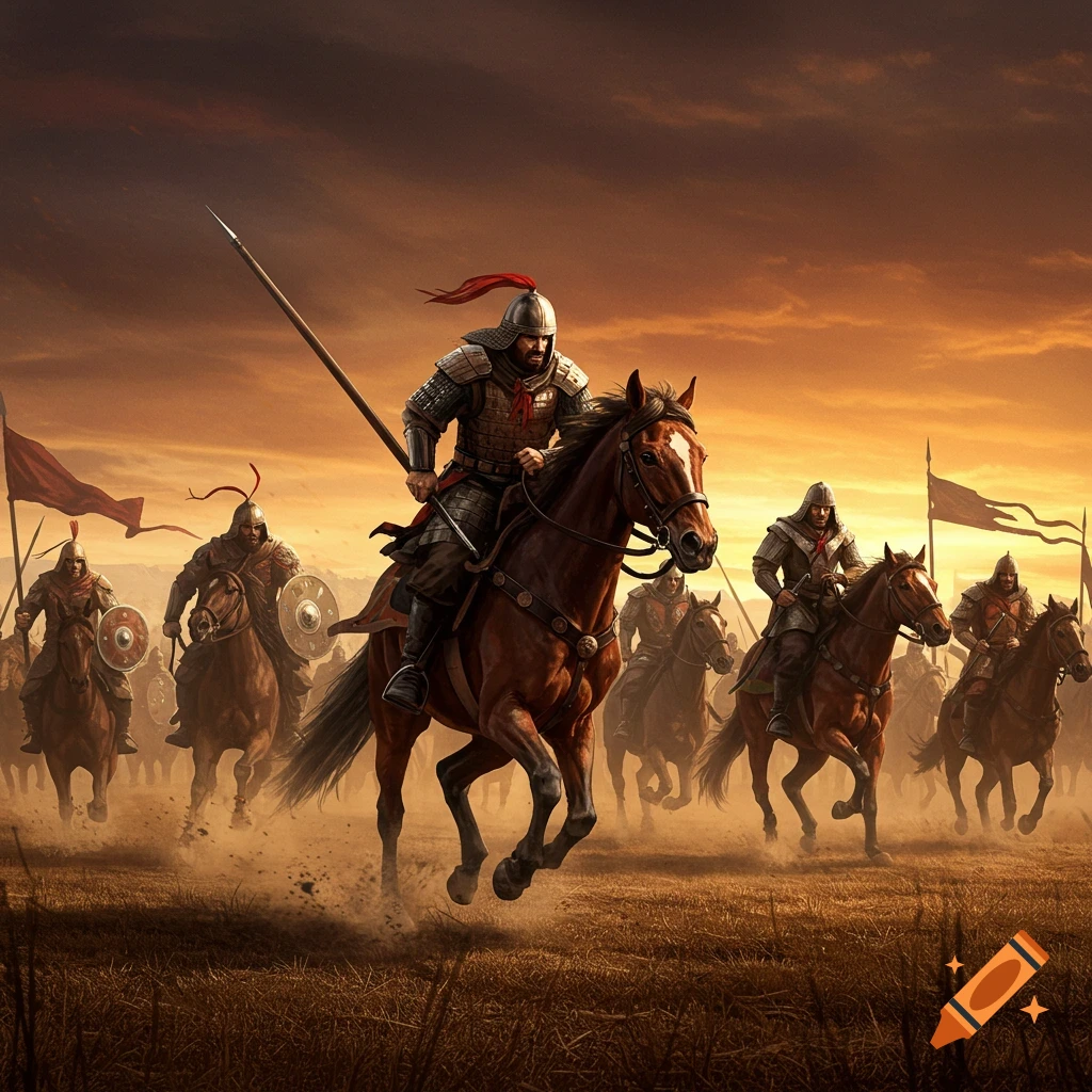 Warriors on horseback charging forward.