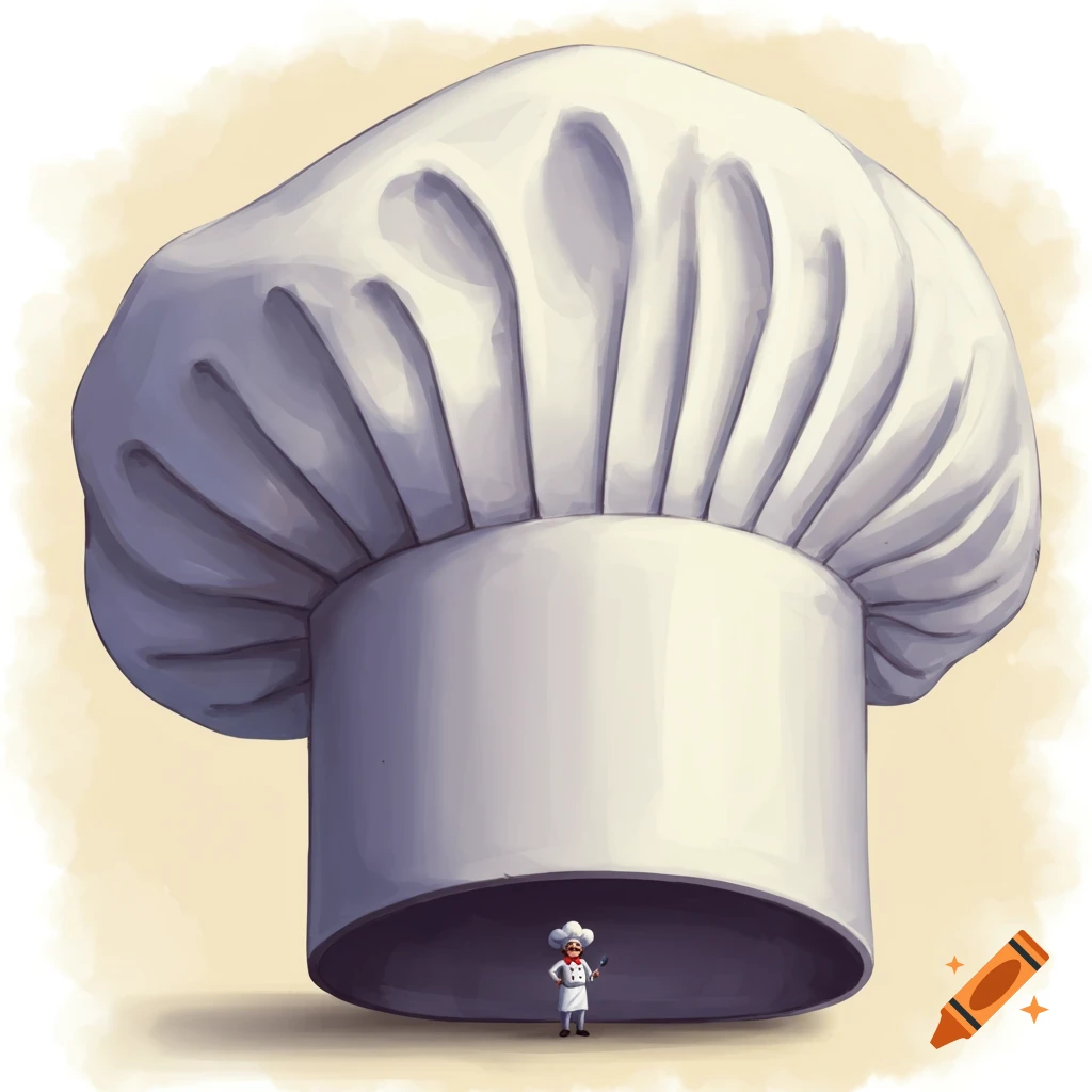 A tiny chef standing under a giant white chef's hat.