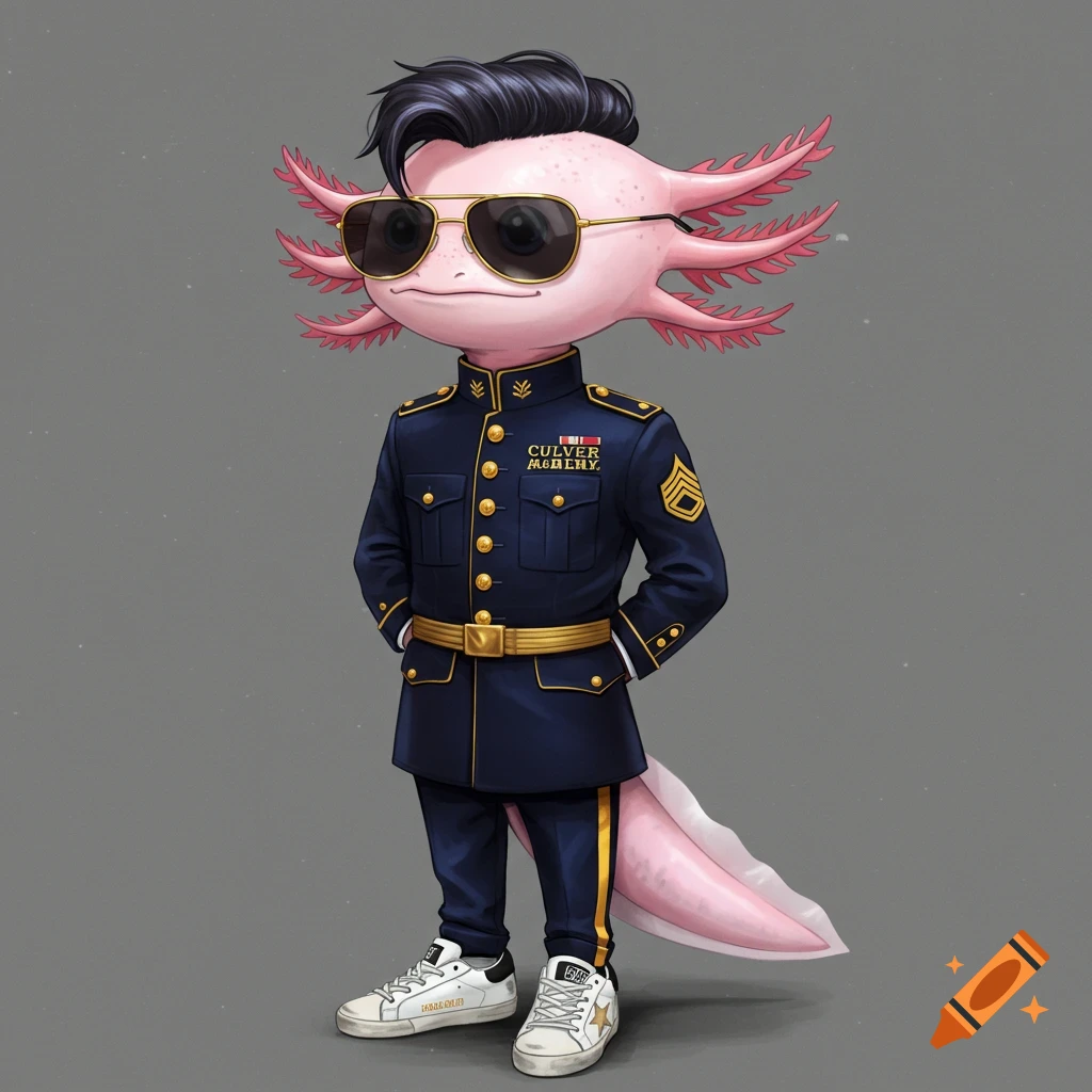 An illustration of a pink axolotl wearing a blue military uniform, sunglasses, and white sneakers.