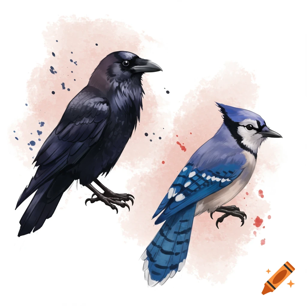Painting of a raven and a blue jay with watercolor splashes.