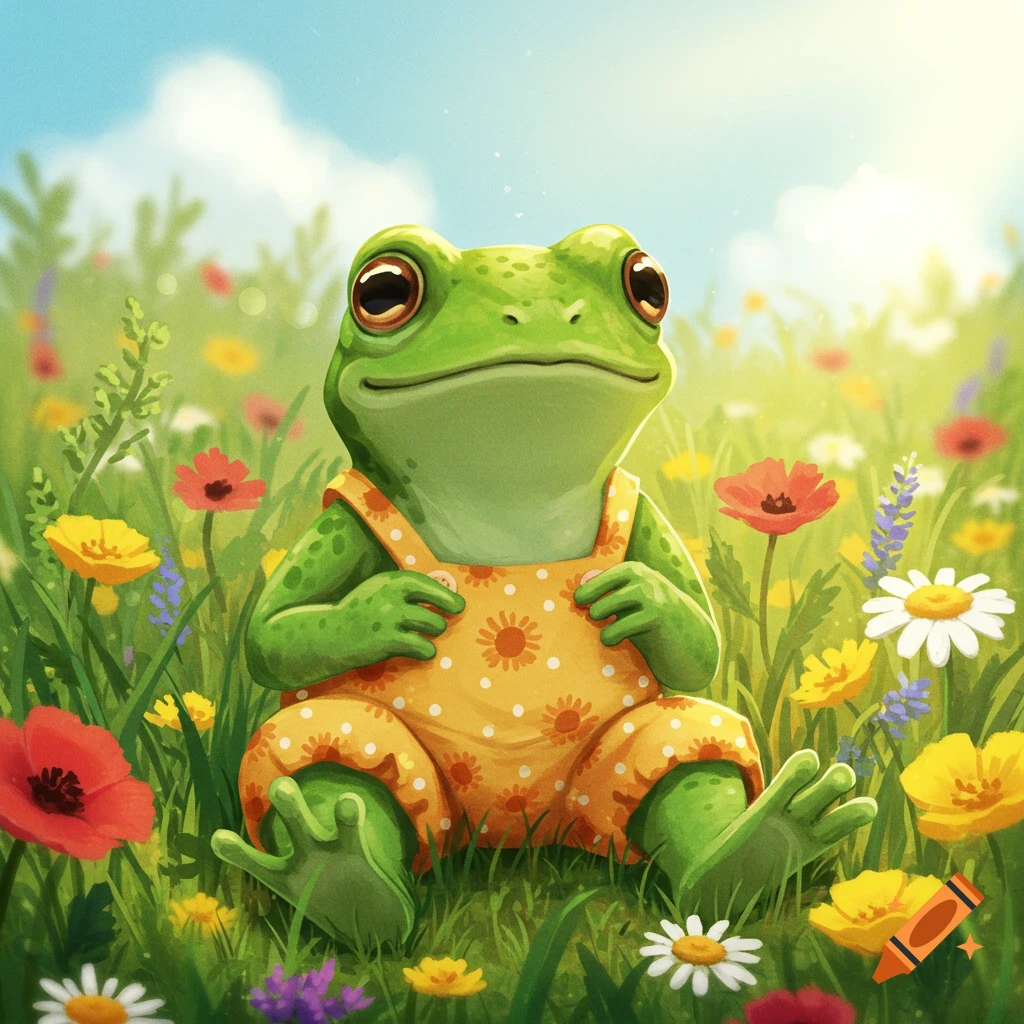 A cute frog wearing a yellow romper sitting in a field of colorful flowers.