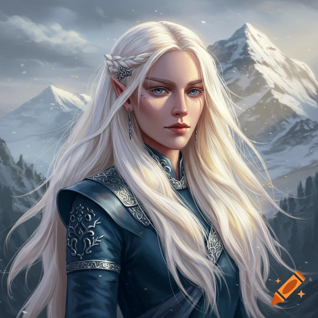 A fantasy woman with long white hair and pointy ears stands before snowy mountains.