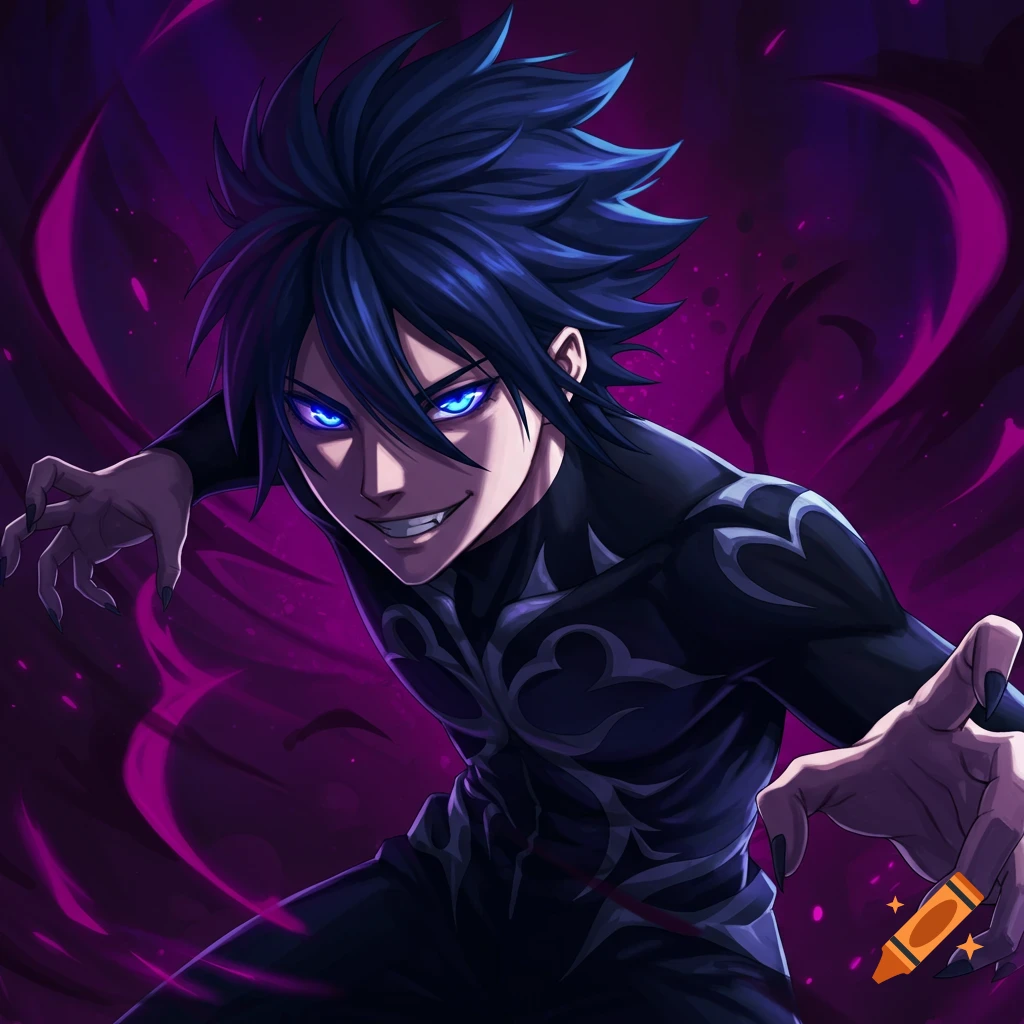 An anime man with dark blue hair and glowing blue eyes in a dark suit, in a menacing pose with swirling purple energy behind him.