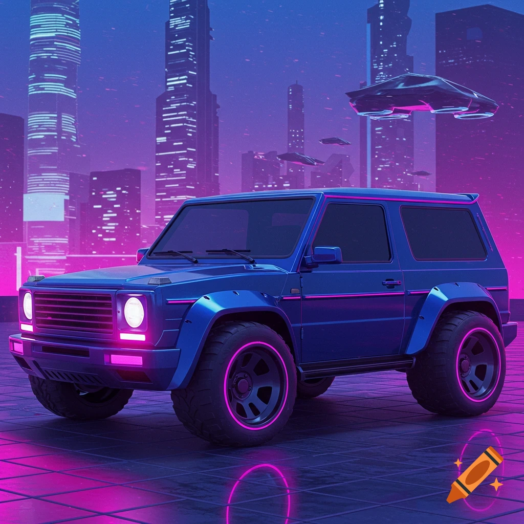 A blue SUV with neon pink accents is parked on a tiled surface in a futuristic city with neon-lit skyscrapers and flying vehicles.