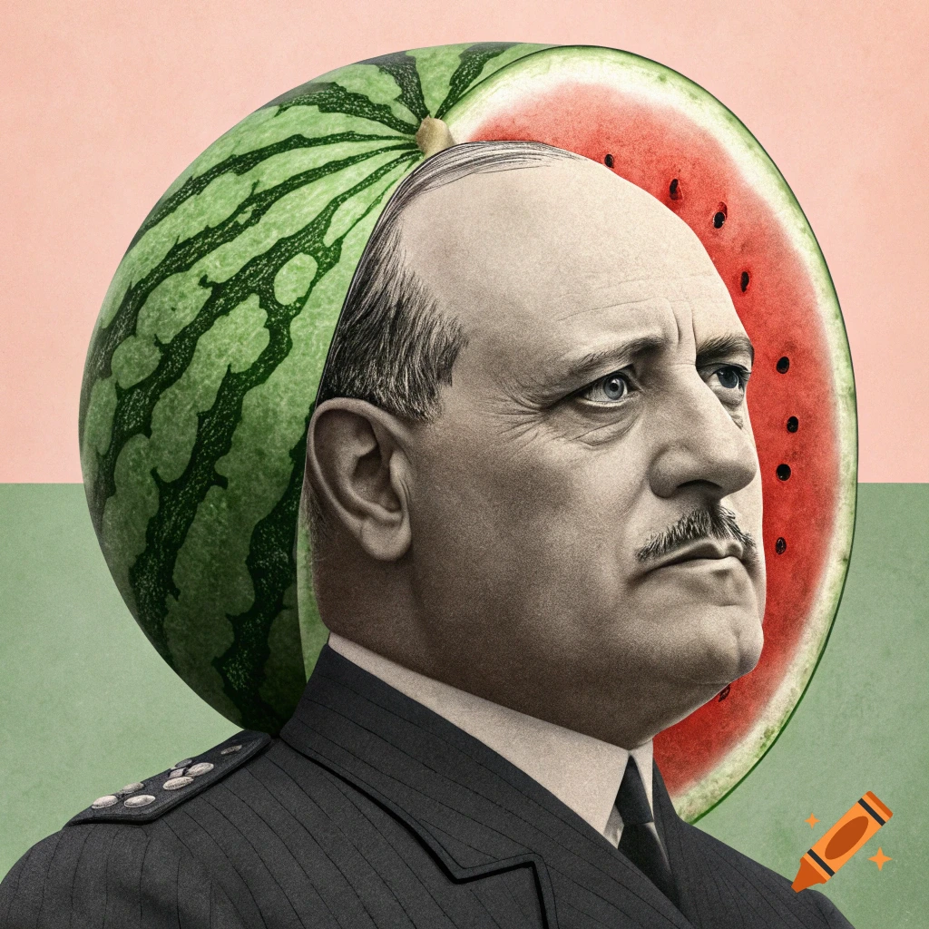 Portrait of a man resembling Benito Mussolini with a watermelon slice behind his head