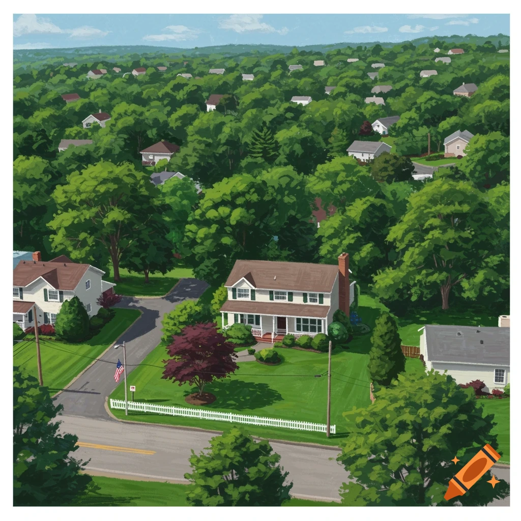 Suburban neighborhood with houses, trees, and roads.