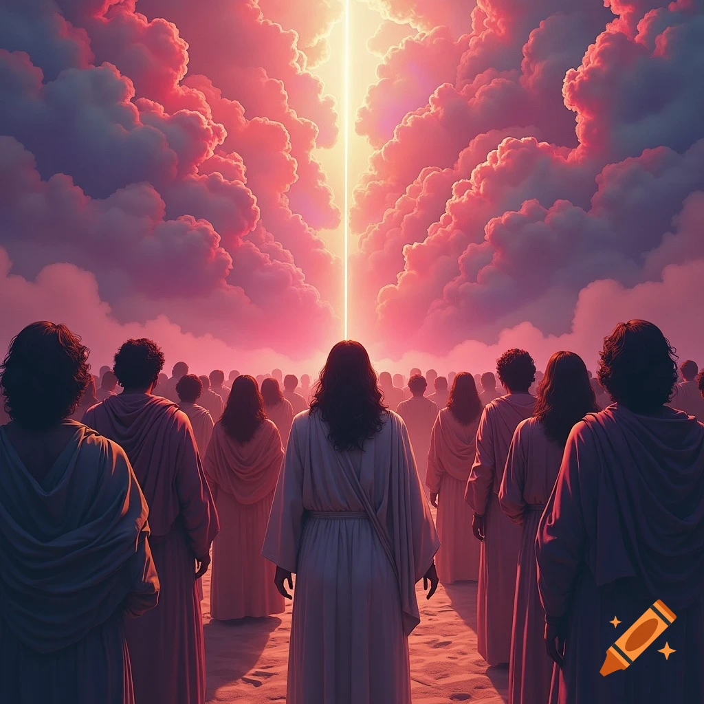 Robed figures gaze at a light beam from dramatic pink clouds in a stylized scene.