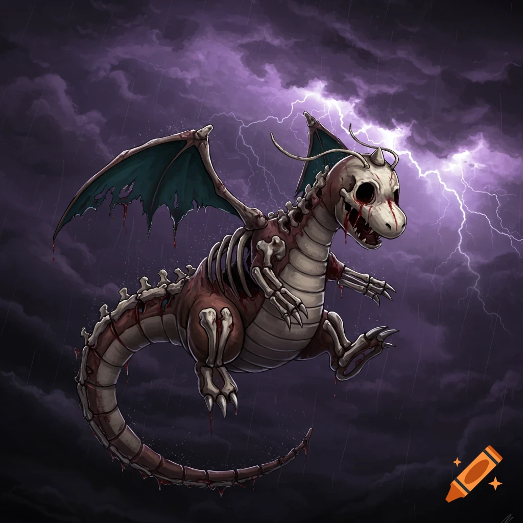 A skeletal, bloody Charizard-like dragon flies in a stormy sky with lightning.