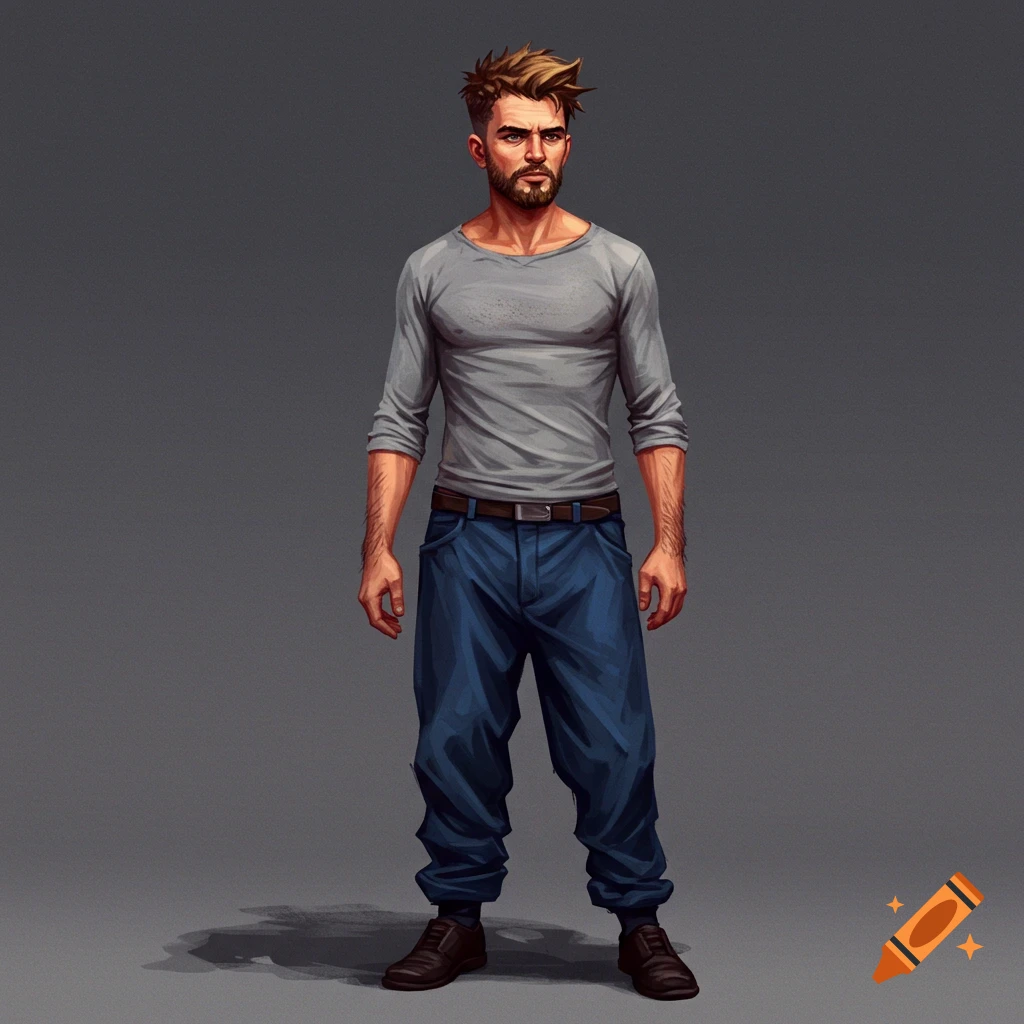 A man with a beard, wearing a grey long-sleeved shirt and blue pants.