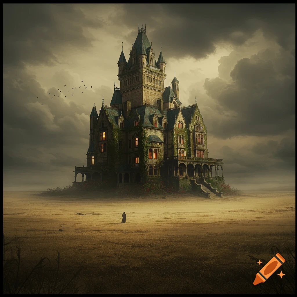 A large, gothic-style house covered in ivy stands in a field under a cloudy sky with a lone figure.