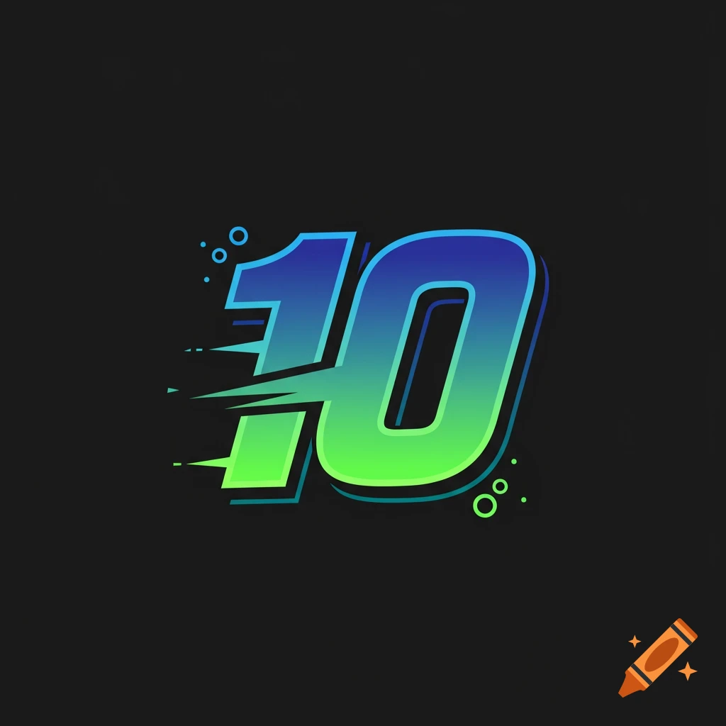 Stylized blue and green number 10 logo on a dark background.