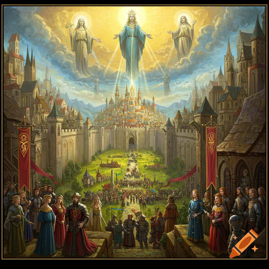 A medieval city with a large procession entering gates and divine figures in the sky.