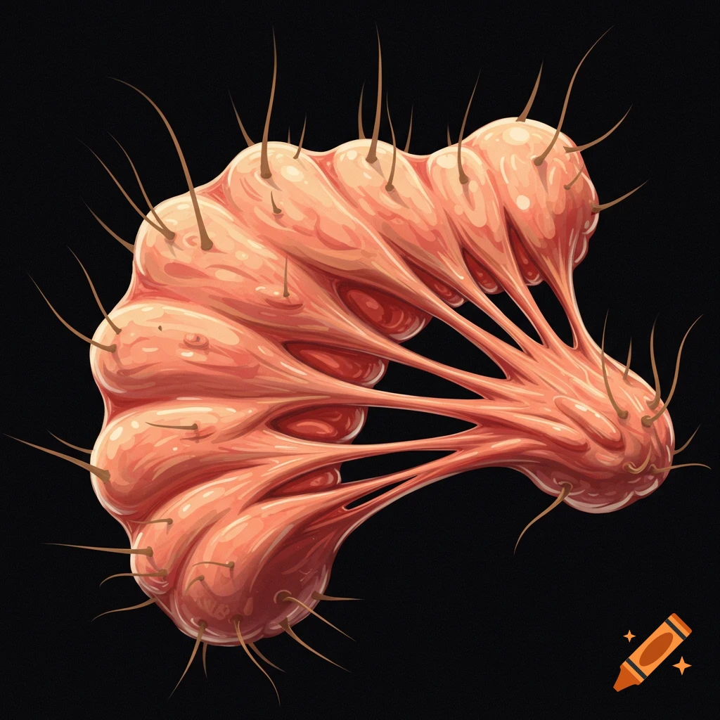 A pink fleshy mass with spikes.