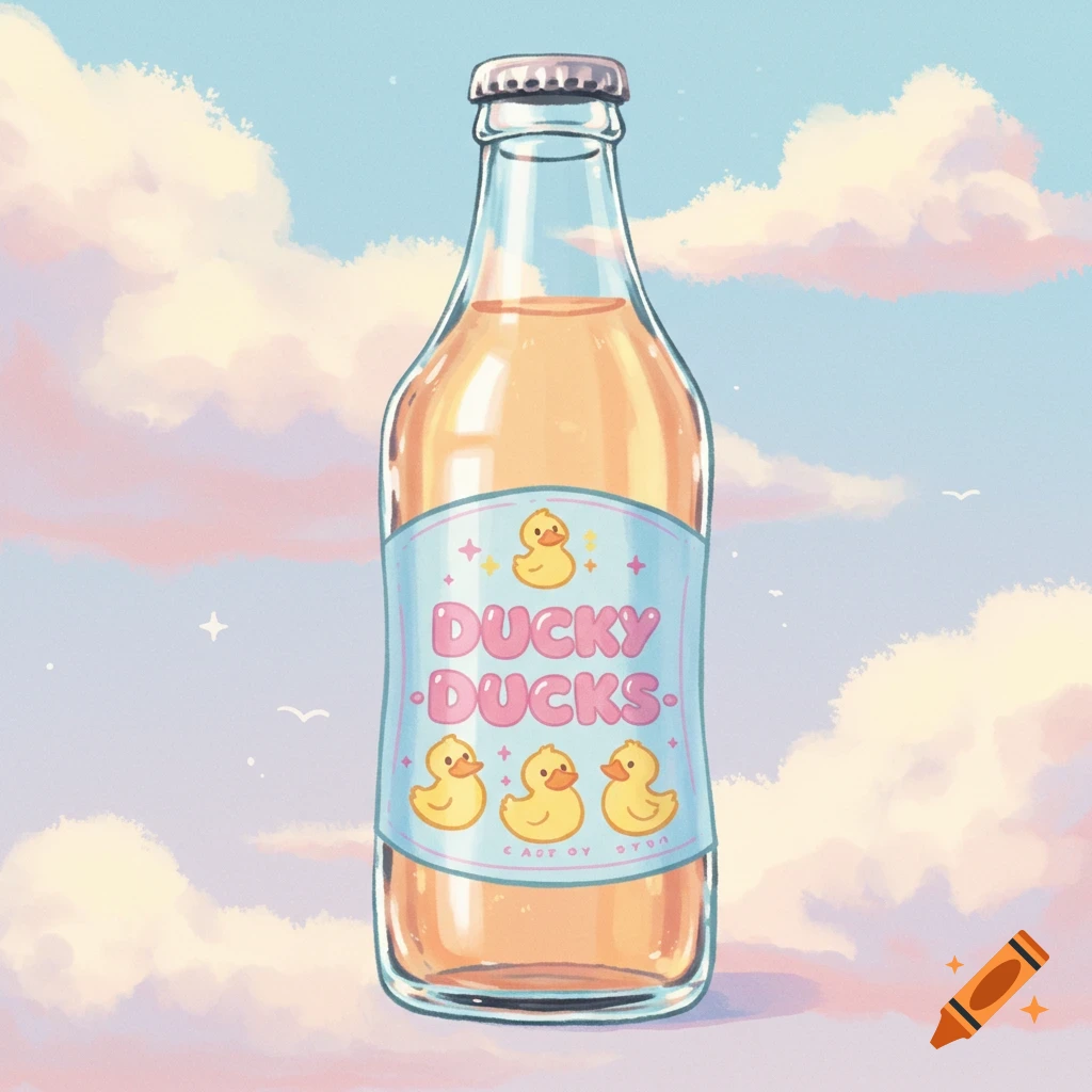A bottle labeled Ducky Ducks with rubber ducks on it, against a cloudy sky background.