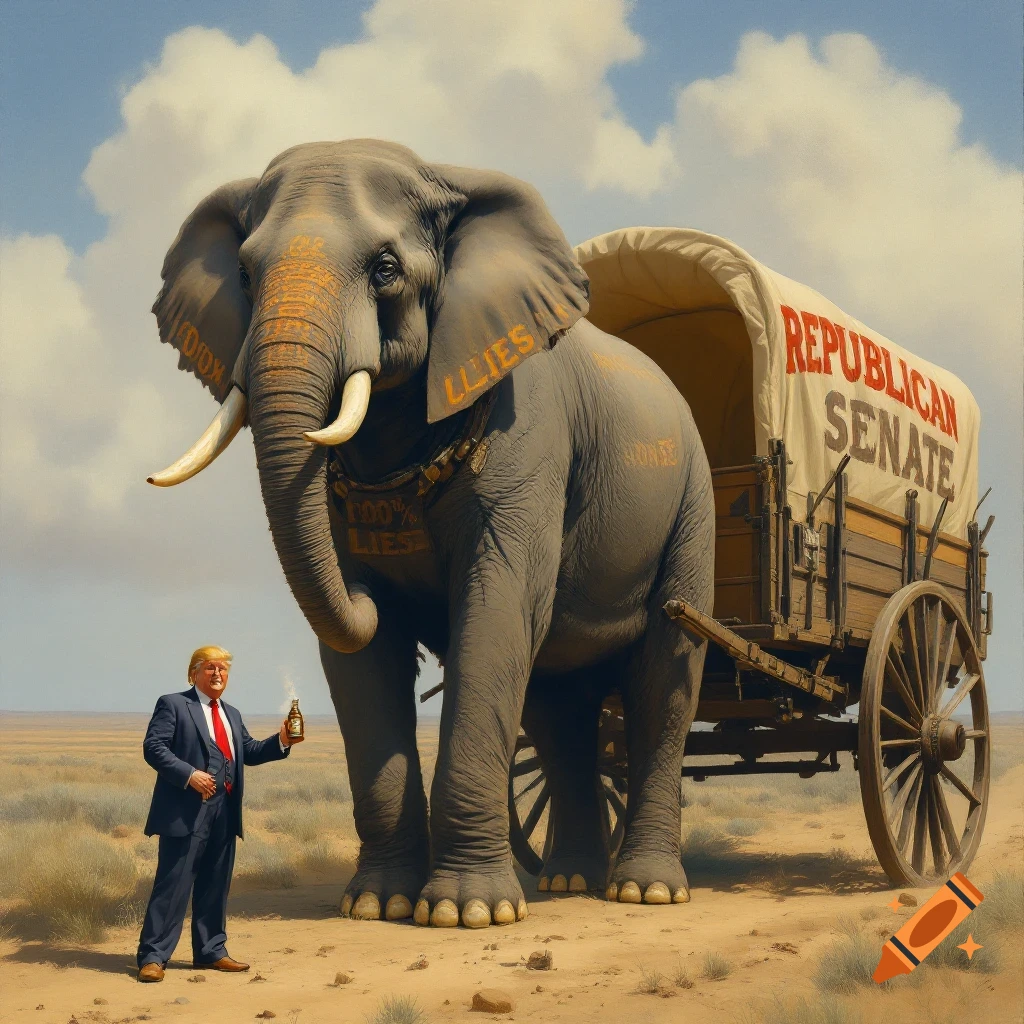 Painting of a figure resembling Donald Trump holding a bottle next to a giant elephant pulling a wagon in a desert landscape.