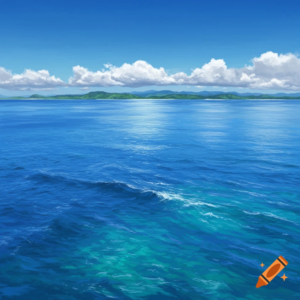 A blue ocean with green hills in the distance under a blue sky with clouds.