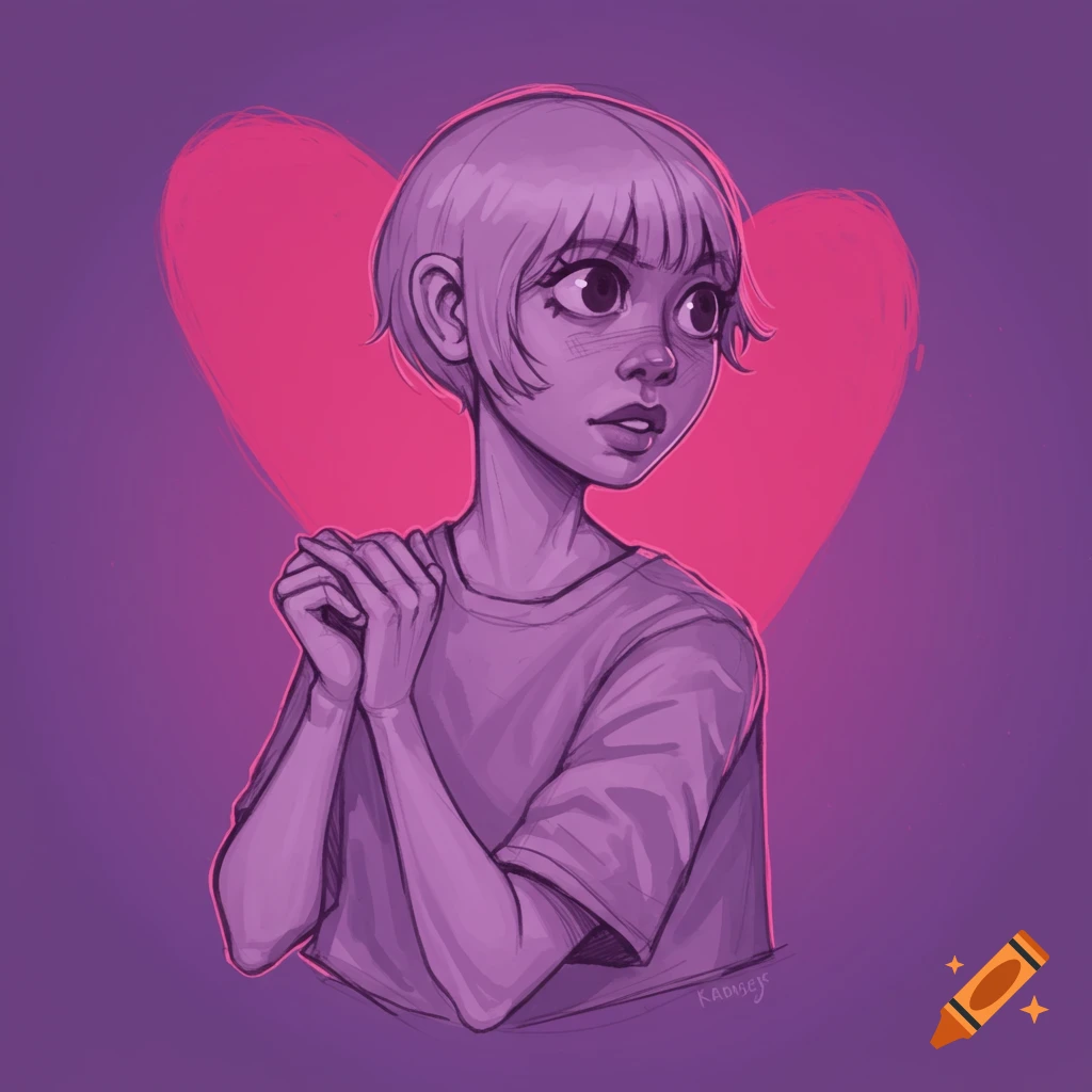 A stylized image of a person with short hair, hands clasped, against a purple background with a pink heart.