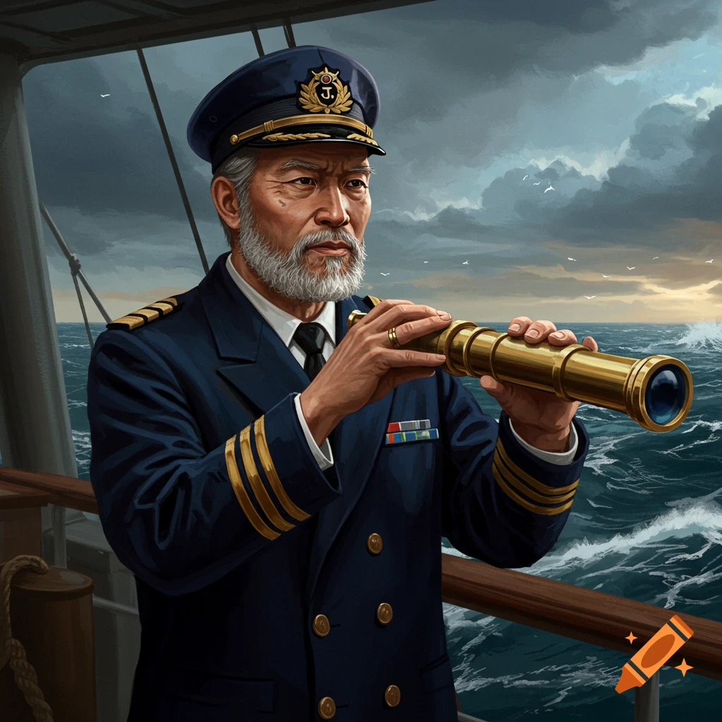 A ship captain in uniform looks through a telescope on deck.
