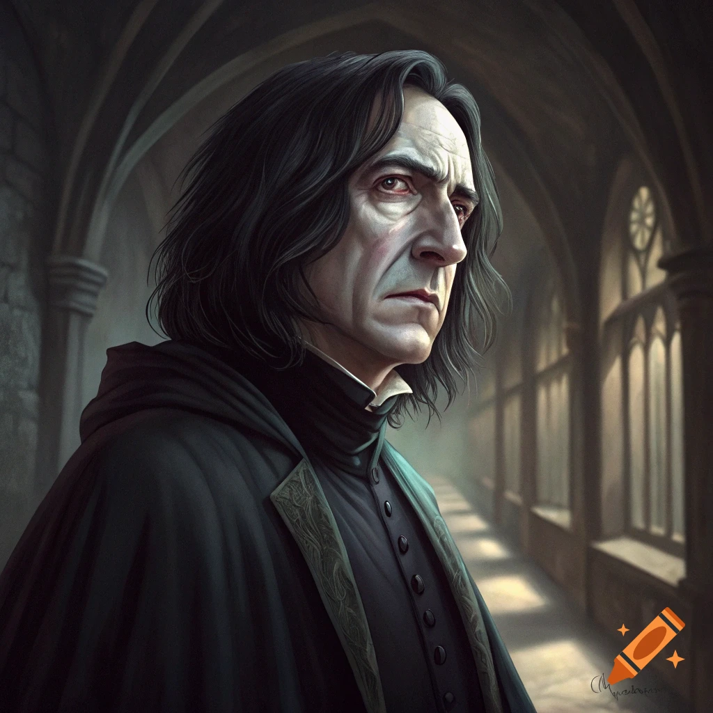 A detailed portrait of a stern man resembling Severus Snape in a black cloak, standing in a castle corridor.