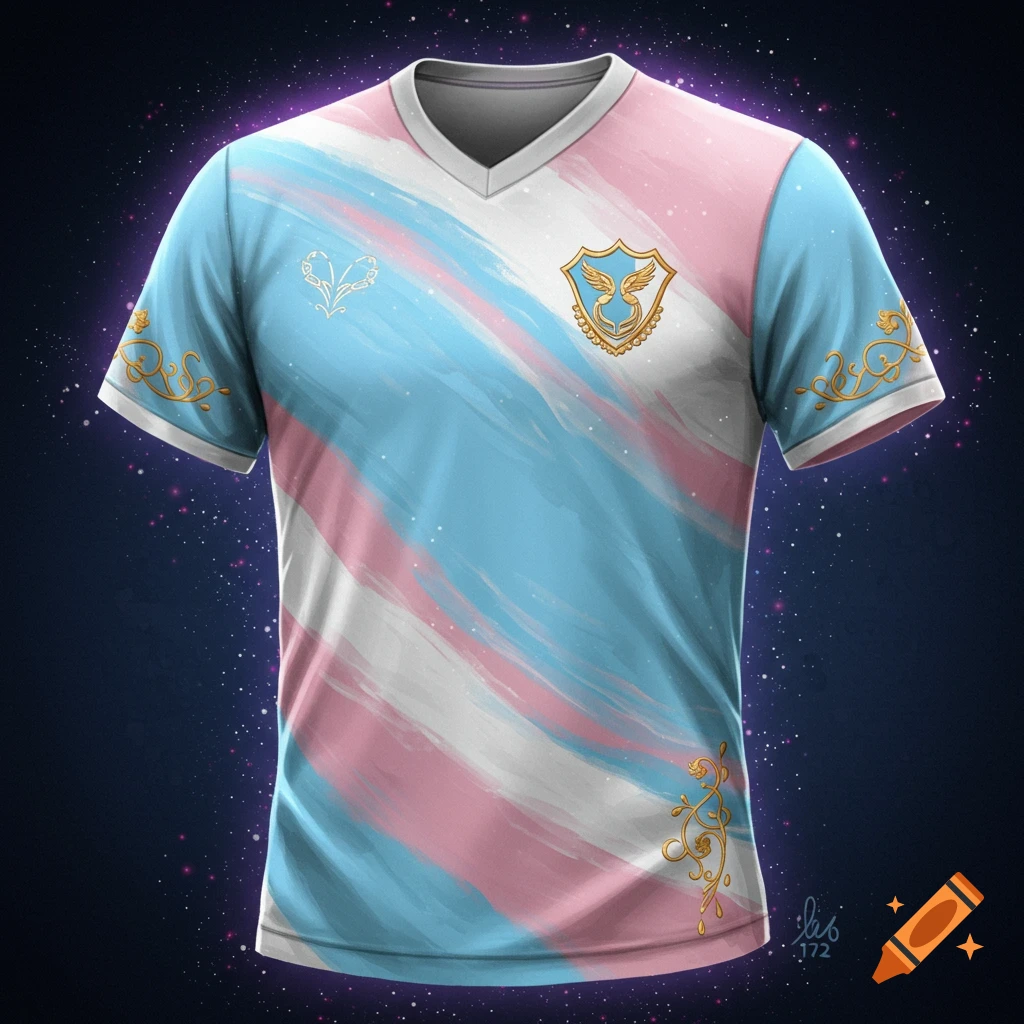 A sports jersey in transgender flag colors with gold magical symbols against a starry background.