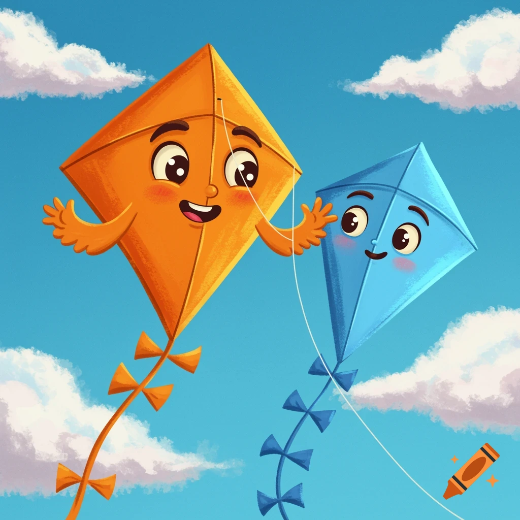 Two cartoon kites with faces flying in a blue sky with clouds.