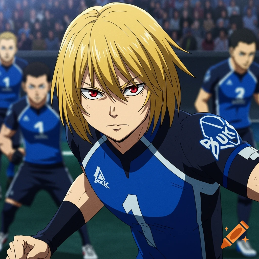 Anime character with blonde hair and red eyes in a blue soccer uniform on a field.