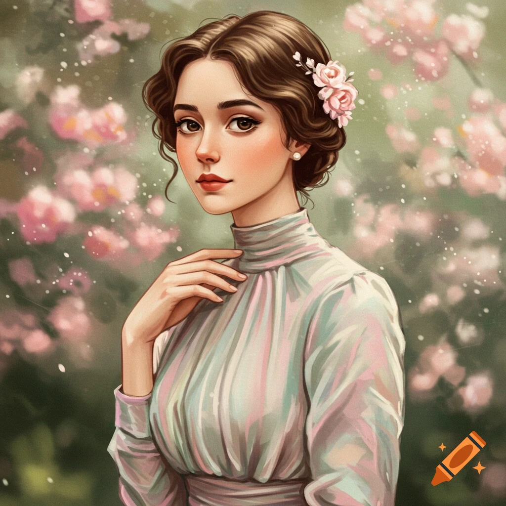 A vintage-style woman with flowers in her hair in a garden.