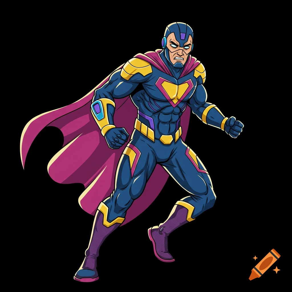 Cartoon superhero in blue, yellow, and purple costume and cape