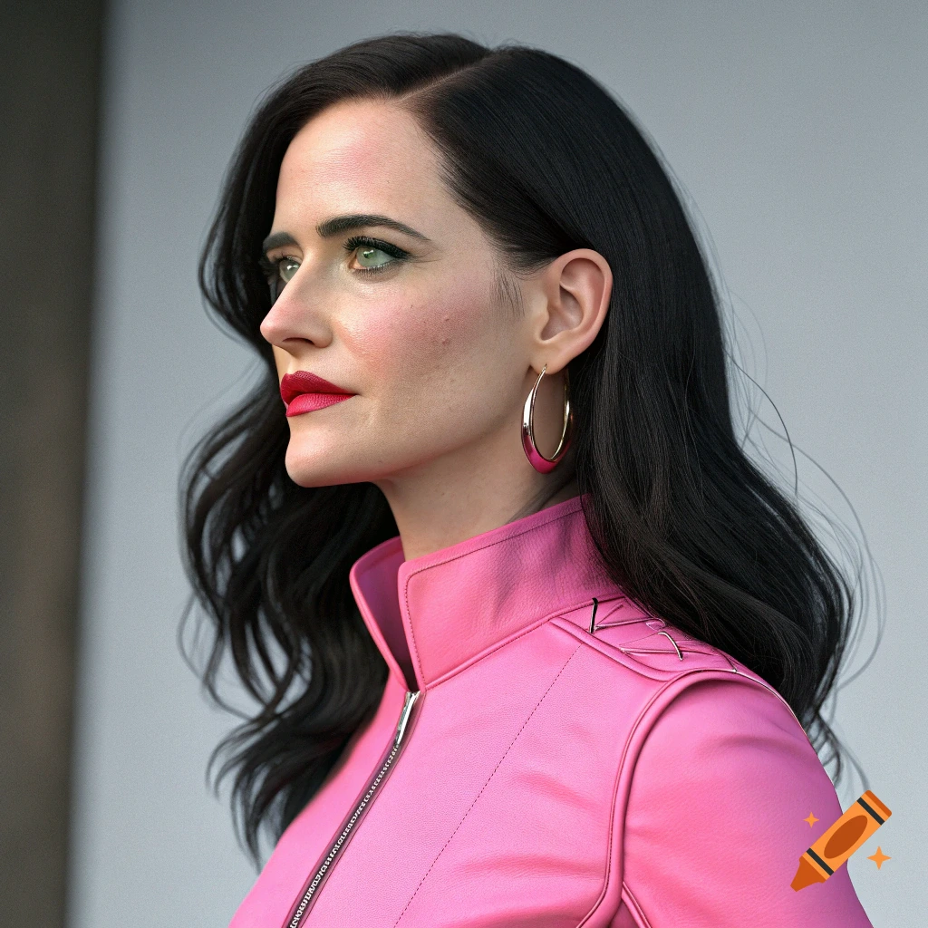 A close-up profile portrait of a woman with dark hair, green eyes, and red lipstick wearing a pink leather jacket and hoop earrings. Photorealistic CGI style.