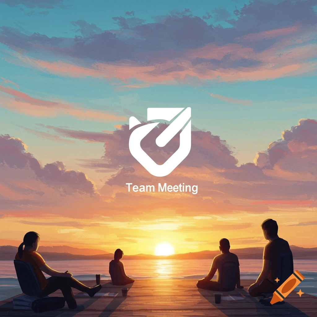 People sitting on a dock watching a sunset with a logo and 'Team Meeting' text.