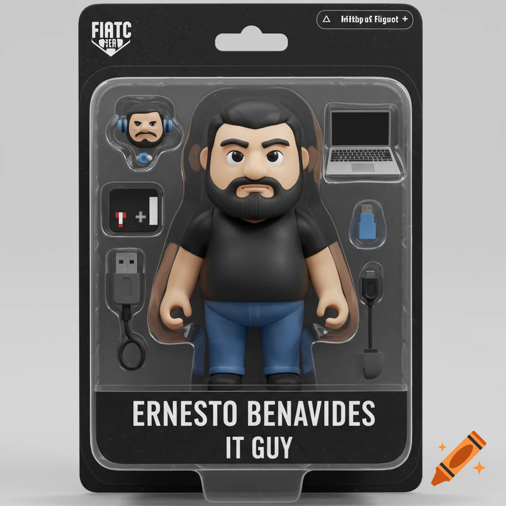 3D render of an Ernesto Benavides IT Guy action figure in packaging with accessories.