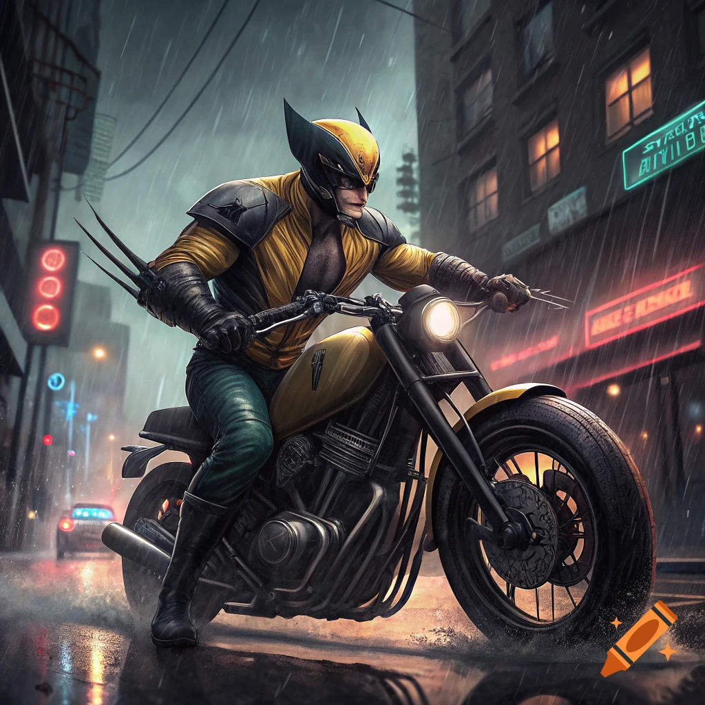Wolverine rides a motorcycle through a rainy city street at night. Illustration.