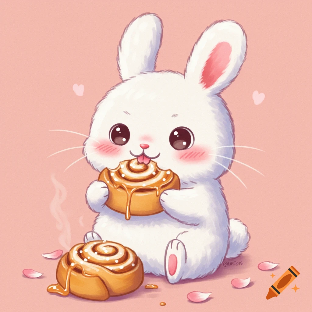 A cute bunny eating a cinnamon bun.