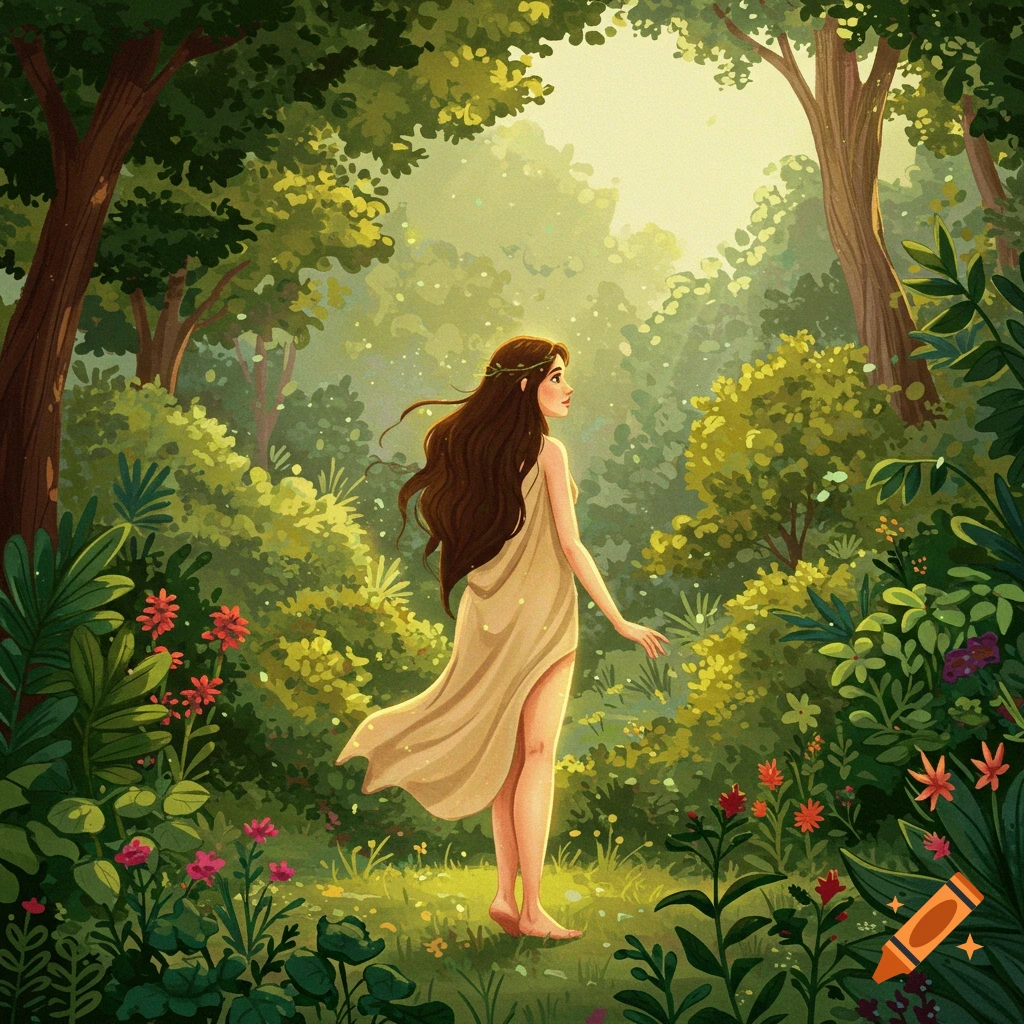 An illustration of a woman with long brown hair wearing a simple dress walking through a sunlit forest clearing.