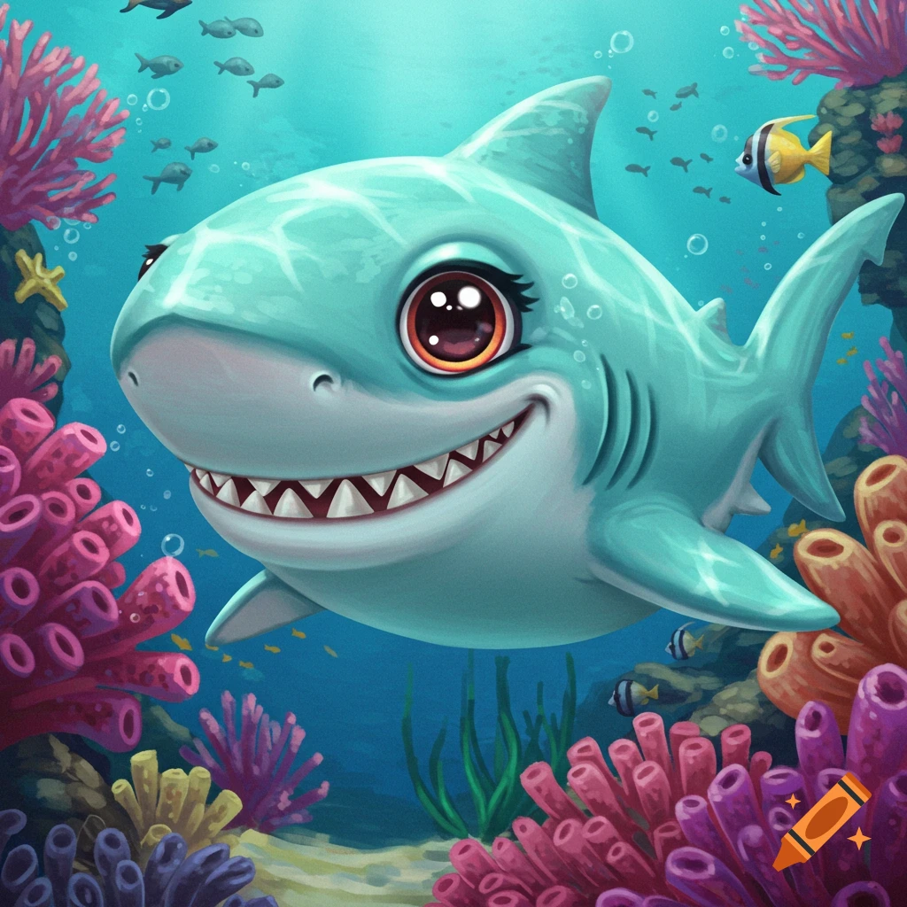 A cartoon blue shark with big eyes smiles underwater among colorful coral.