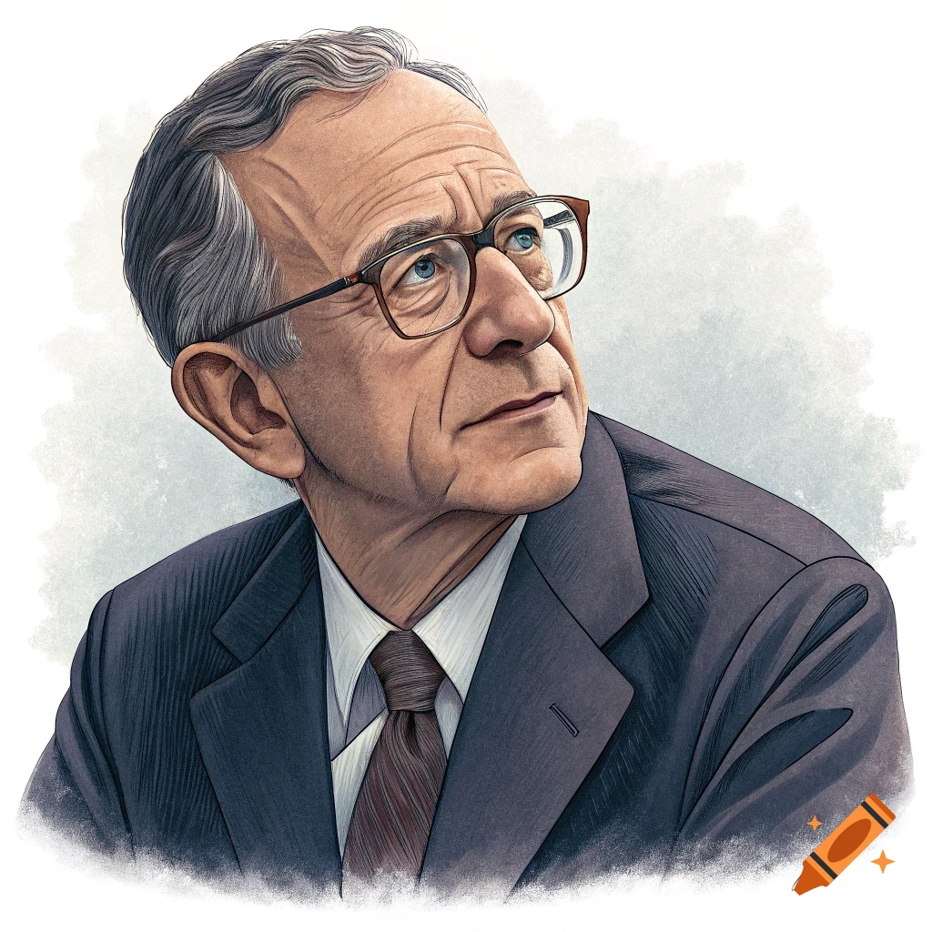 Stylized illustration portrait of an older man in a suit and glasses looking up.