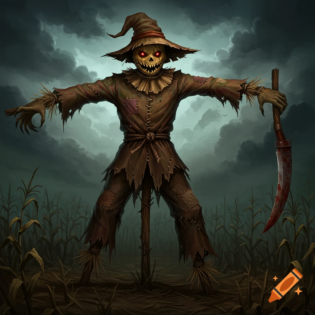 A creepy scarecrow with glowing red eyes holds a bloody scythe in a cornfield under a dark sky.