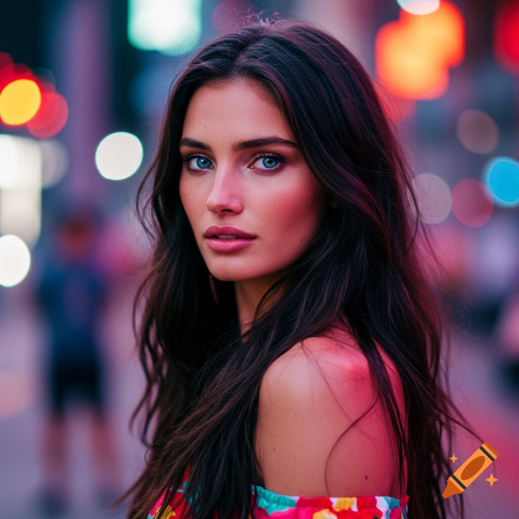 Photorealistic portrait of a woman with long dark hair and blue eyes in an urban night setting with bokeh lights.