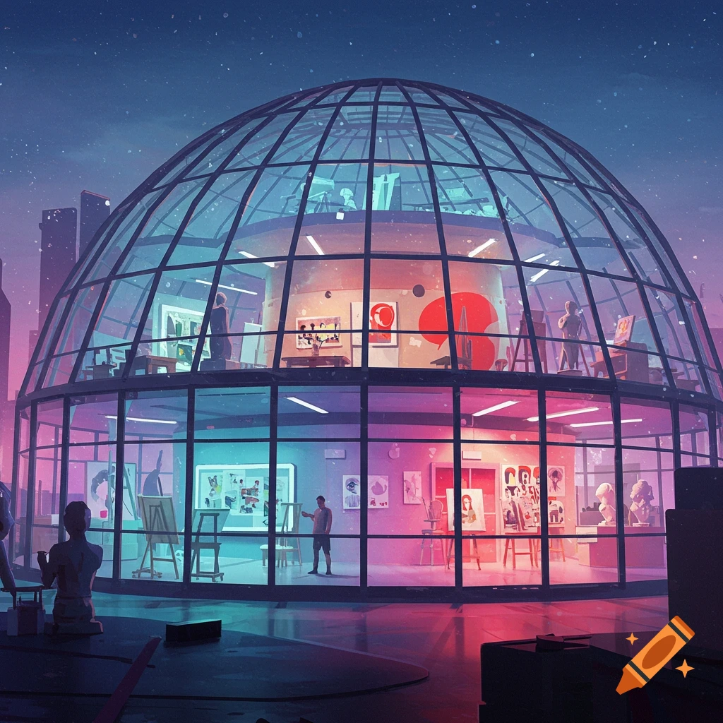 Art school inside a glass dome at night