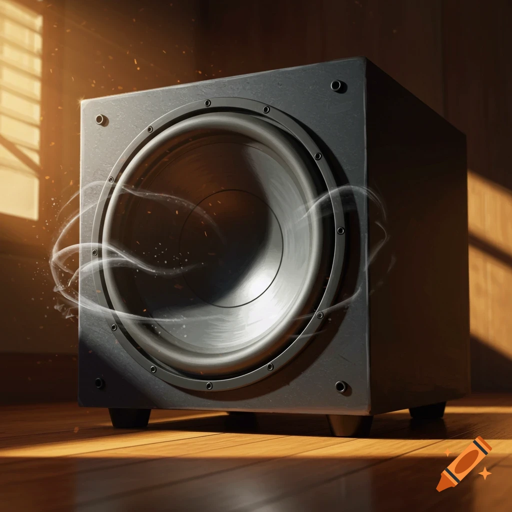 A black subwoofer speaker with stylized sound waves in warm light.