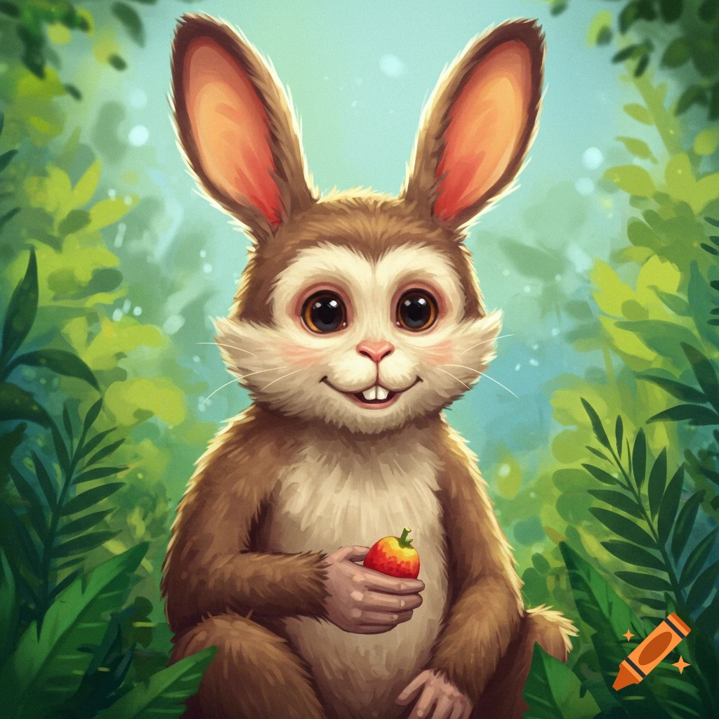 A cartoon rabbit-like monkey with big ears holds an apple in a forest.