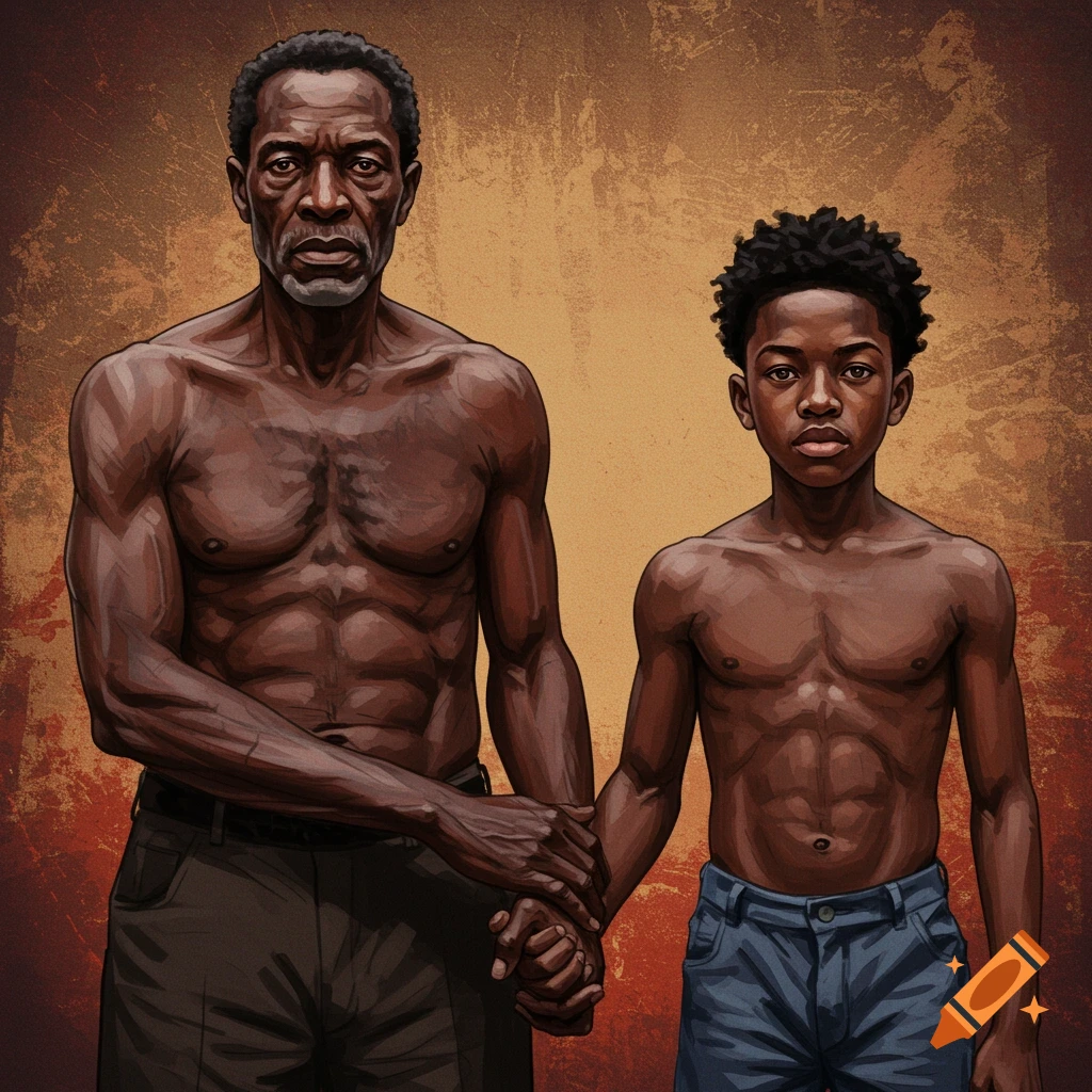 A shirtless Black adult and child holding hands, standing strong.