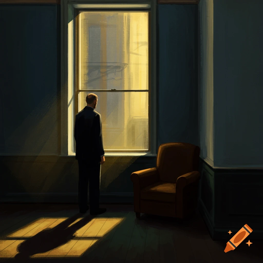 A man in a suit looks out a sunlit window, in the style of Edward Hopper