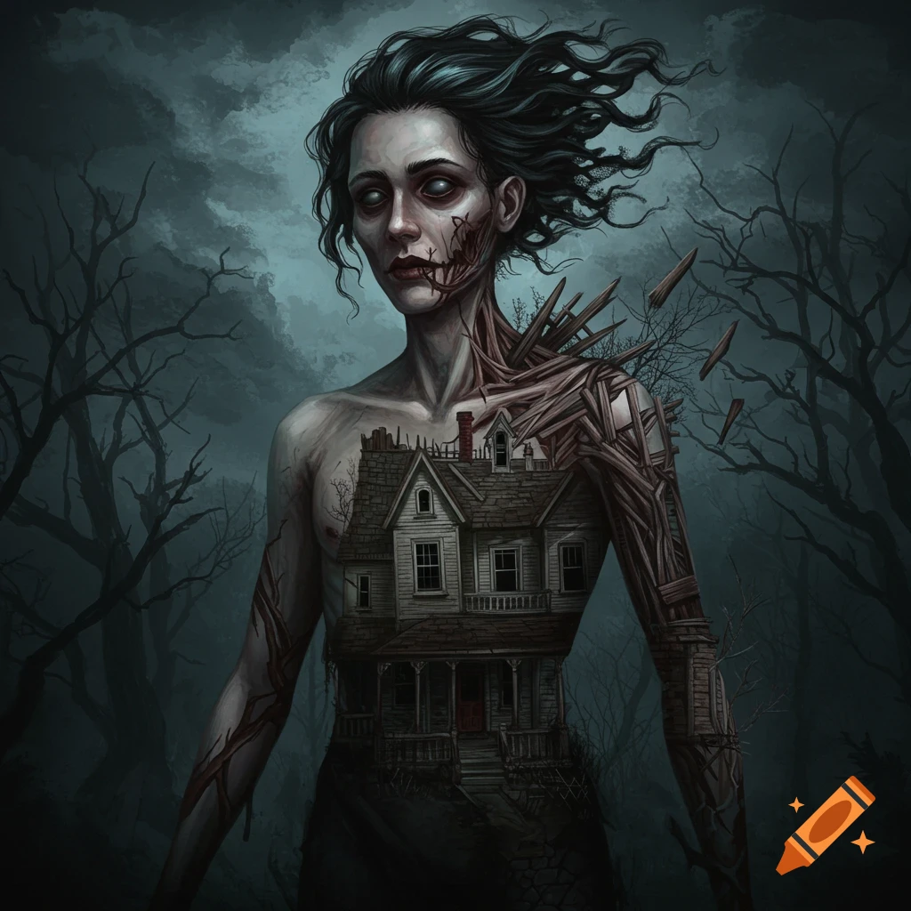A surreal figure with a haunted house for a torso, standing in a dark forest.