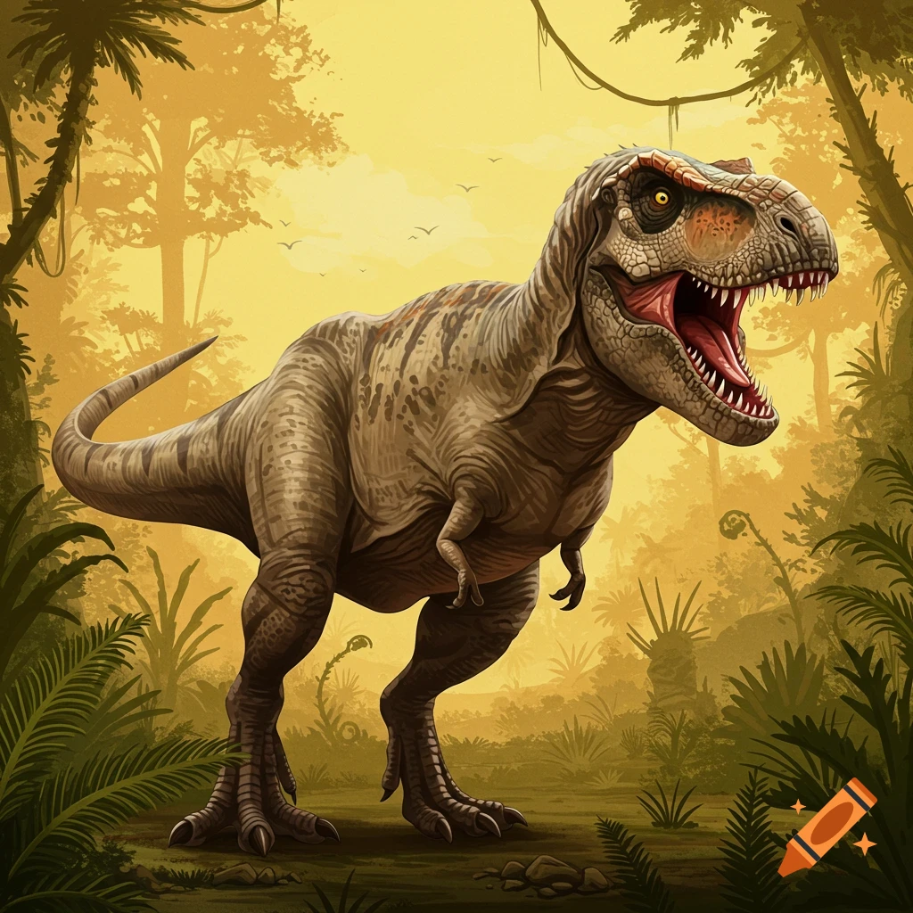 A Tyrannosaurus Rex stands in a prehistoric jungle landscape.