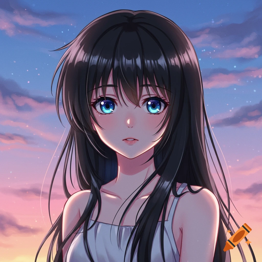 Anime portrait of a girl with black hair and blue eyes against a sunset sky.